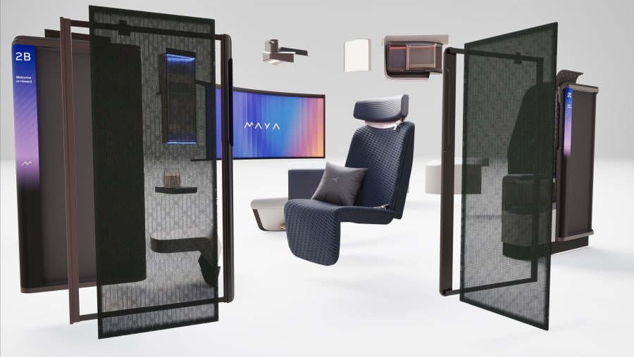 A modern airline seat design featuring privacy features and a sleek aesthetic, displaying the seat with integrated cabin elements like screens and storage compartments.