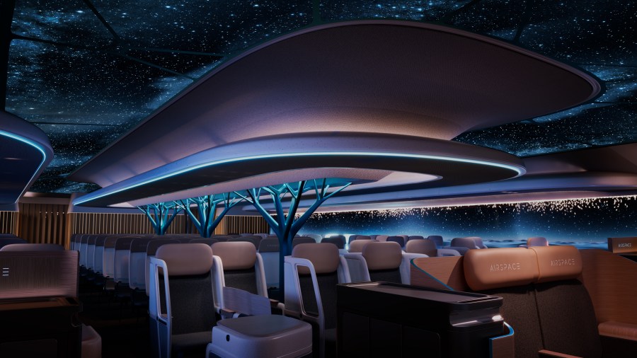 Futuristic airplane interior design showcasing modern seating arrangements and a starry sky ceiling, emphasizing human-centered design in aviation.