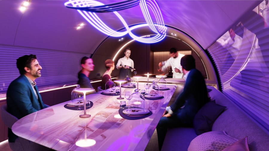 A futuristic dining experience onboard an aircraft with a modern table setting, illuminated by purple ambient lighting, featuring passengers enjoying a meal while a chef prepares food.